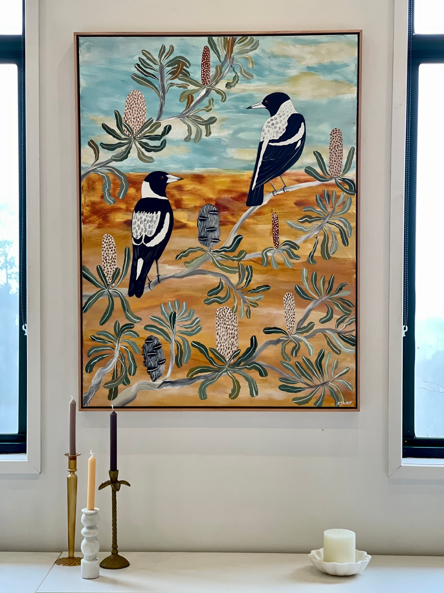 Magpies in the Banksia