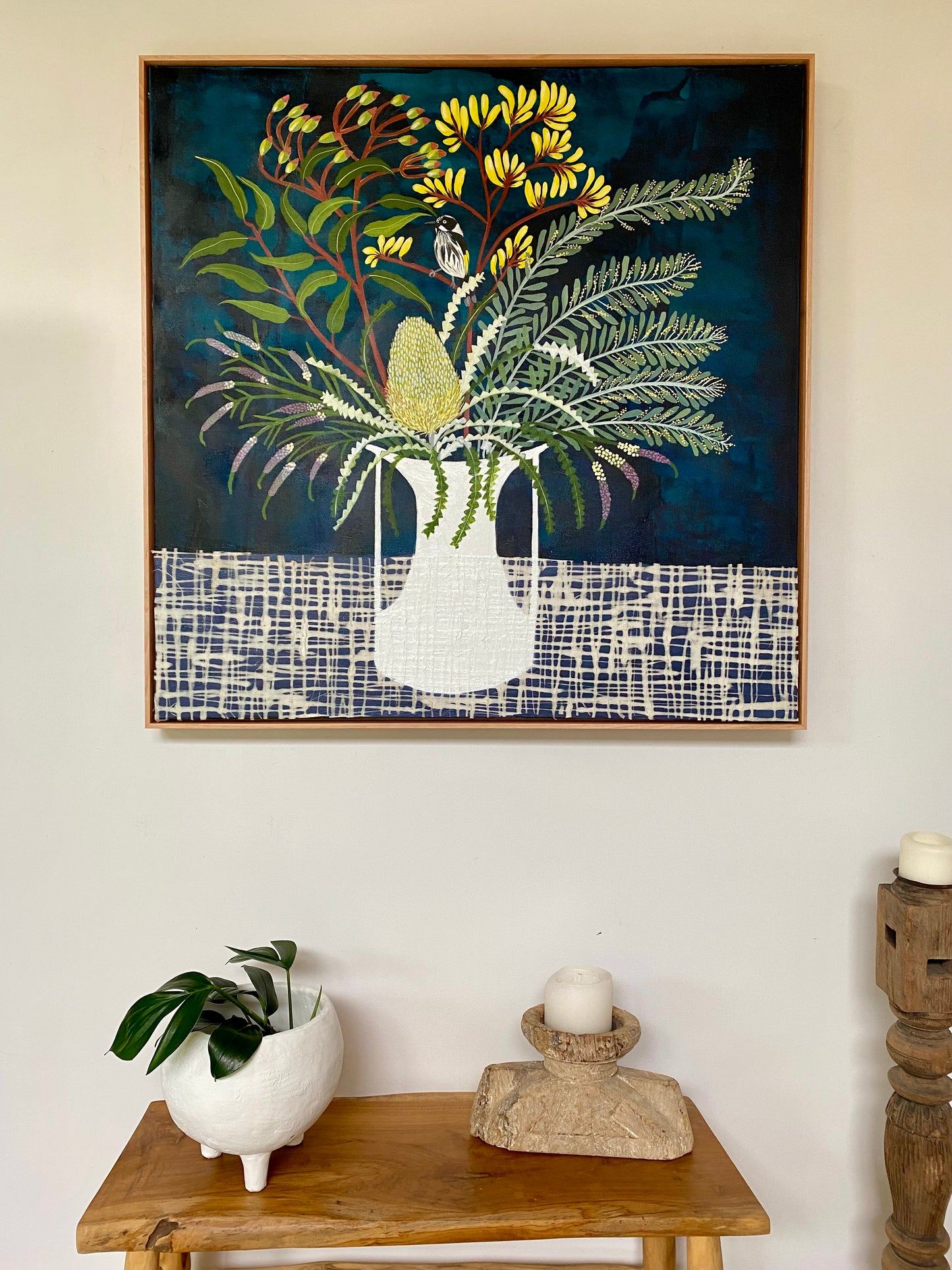 White Vase with Natives and Honeyeater