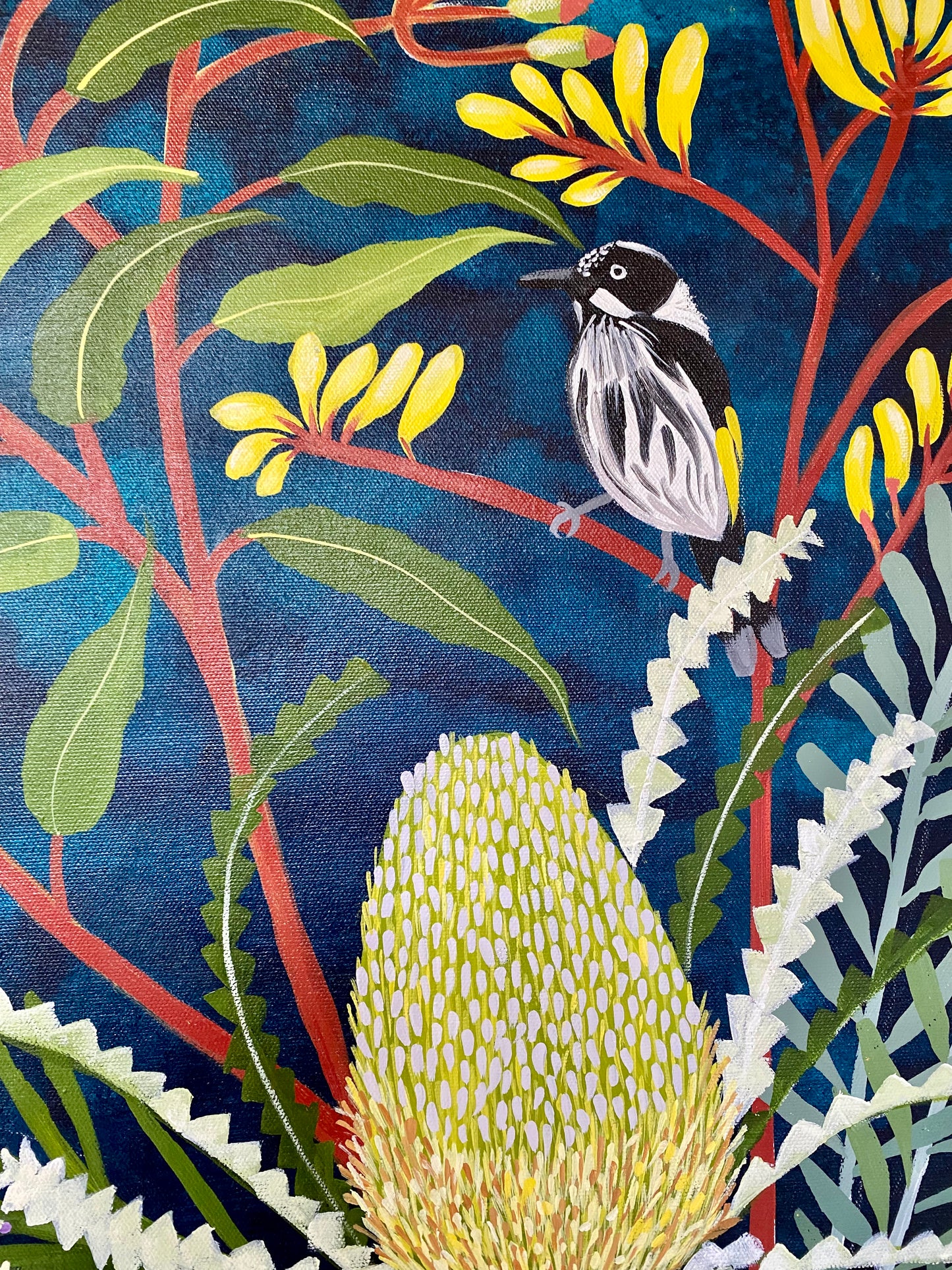 White Vase with Natives and Honeyeater