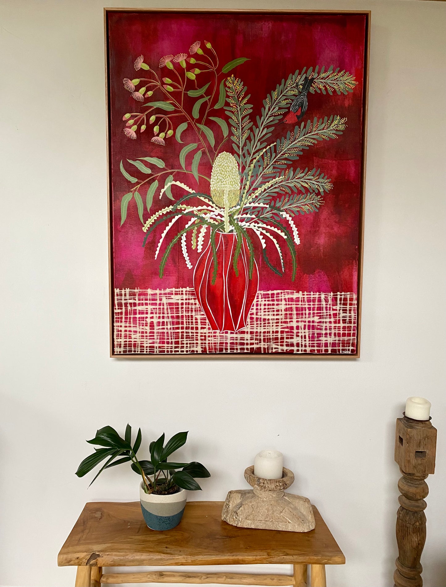 Red Vase with Natives and Scarlet Honeyeater