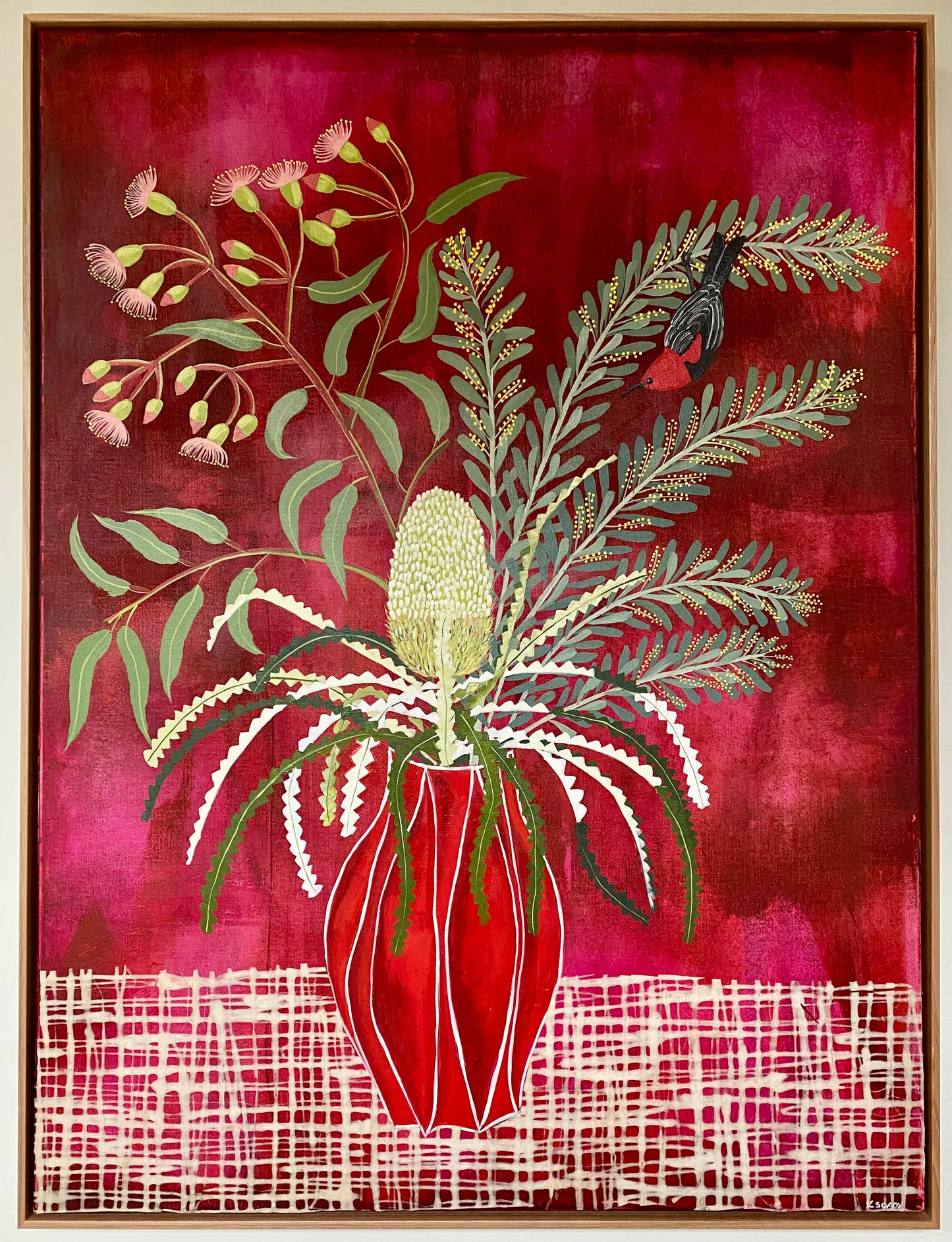 Red Vase with Natives and Scarlet Honeyeater