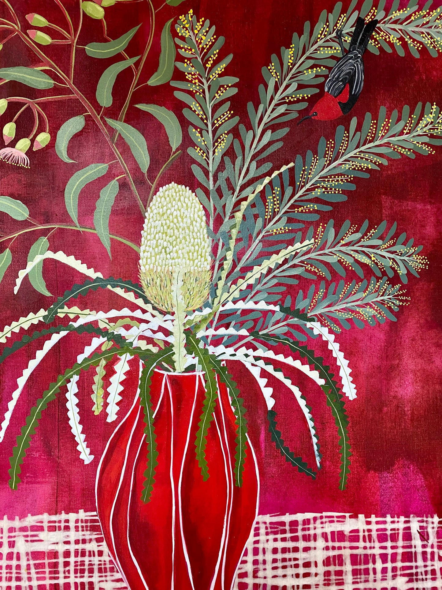 Red Vase with Natives and Scarlet Honeyeater