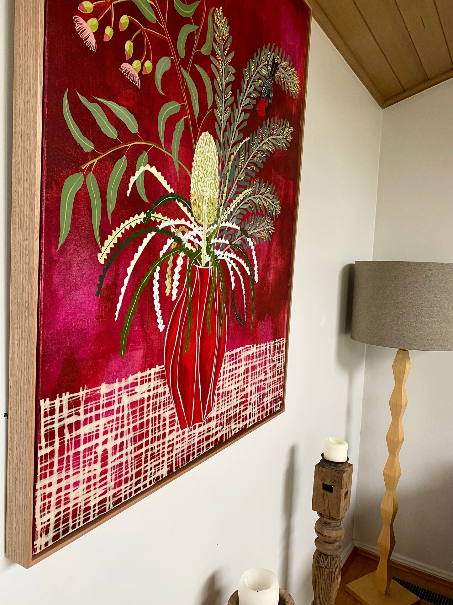 Red Vase with Natives and Scarlet Honeyeater