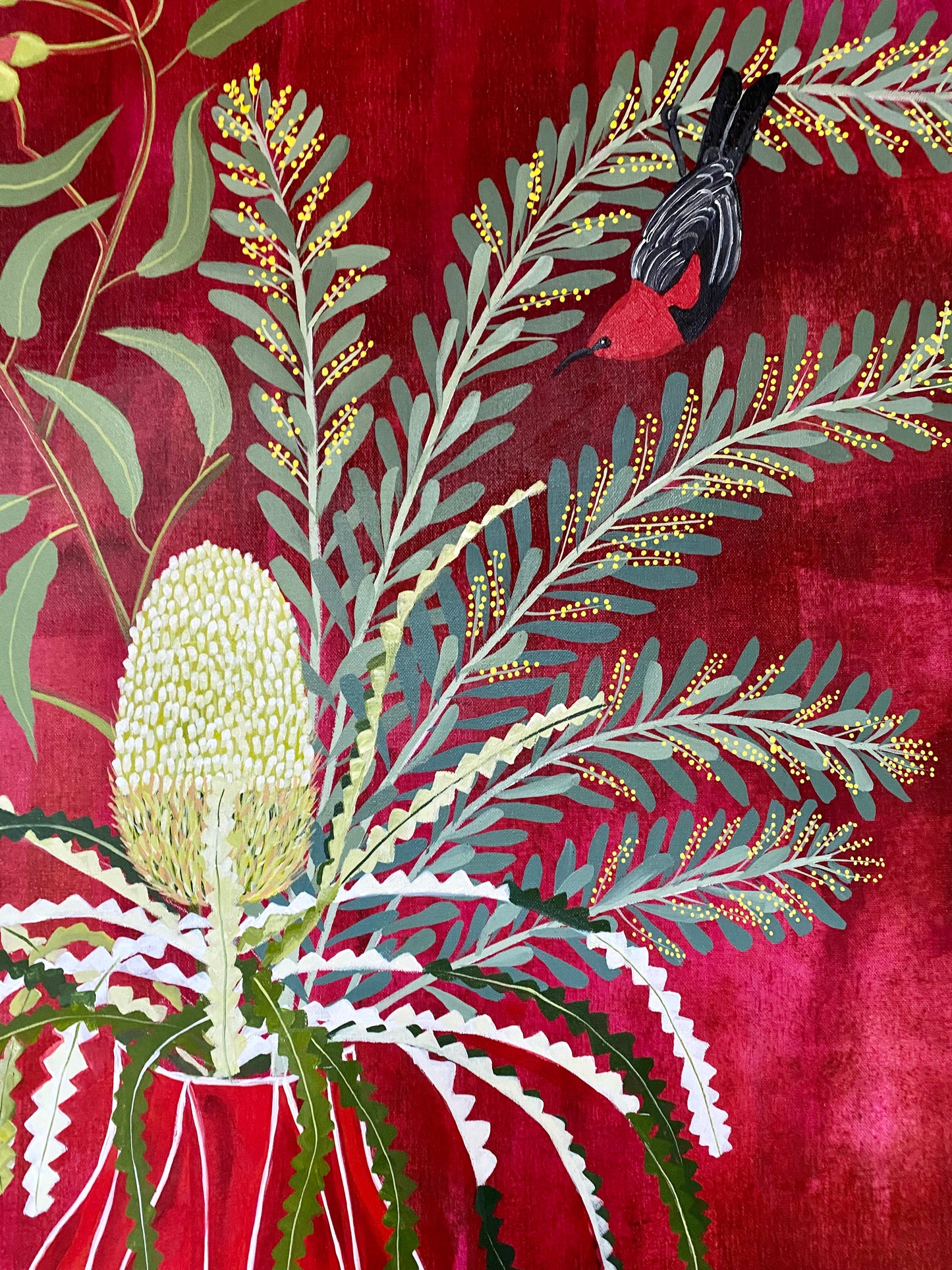 Red Vase with Natives and Scarlet Honeyeater