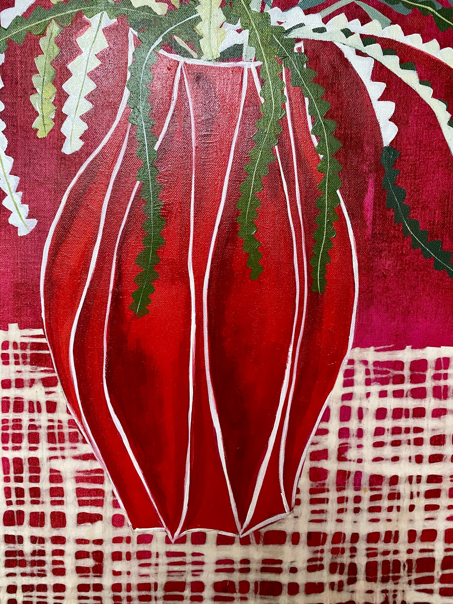 Red Vase with Natives and Scarlet Honeyeater