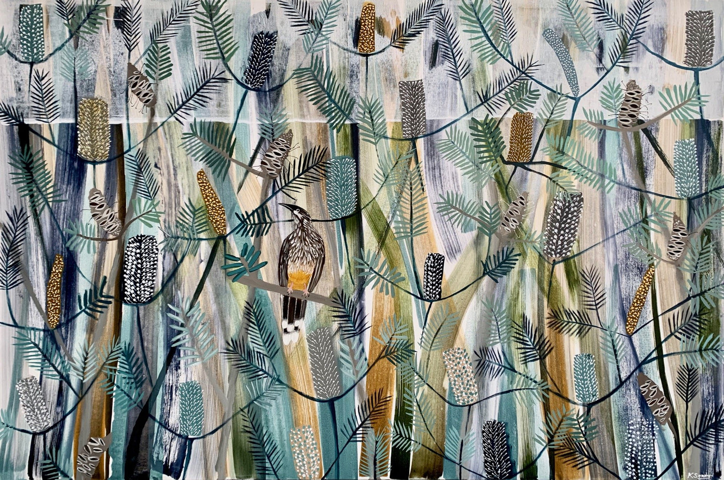 Wattle Bird in The Autumn Banksia