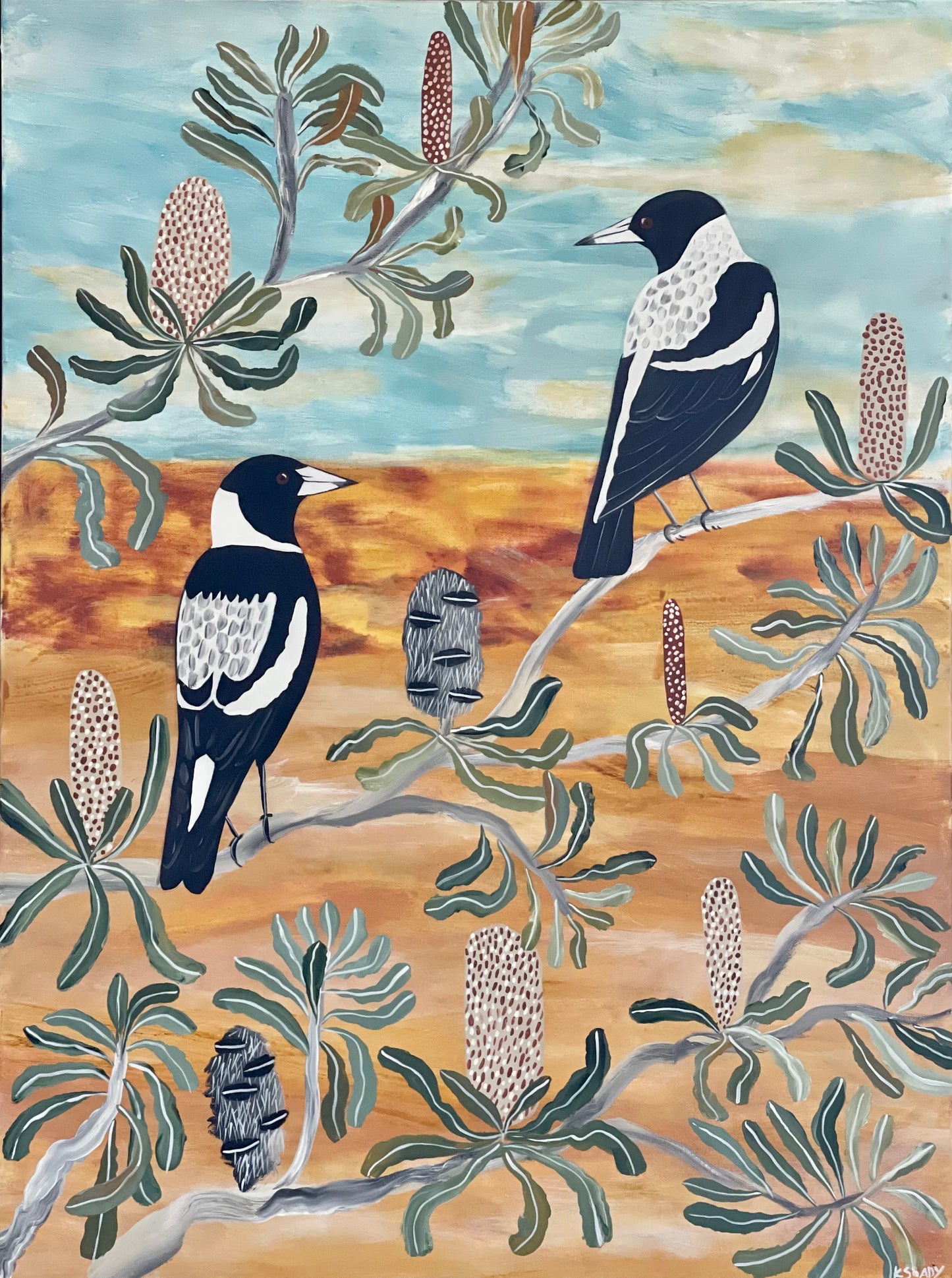 Magpies in the Banksia