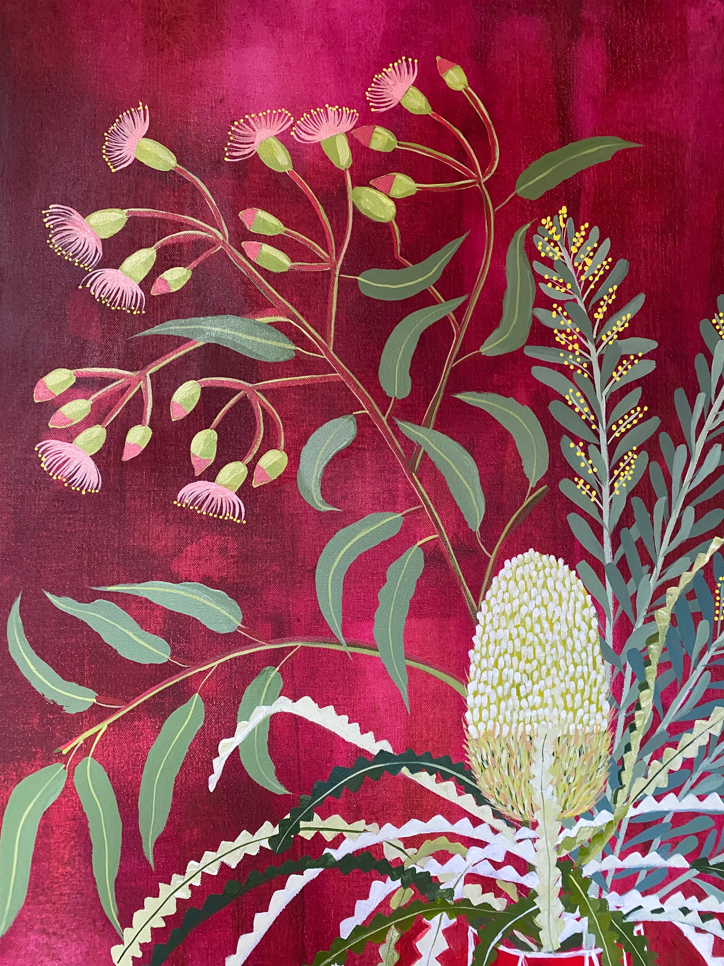 Red Vase with Natives and Scarlet Honeyeater